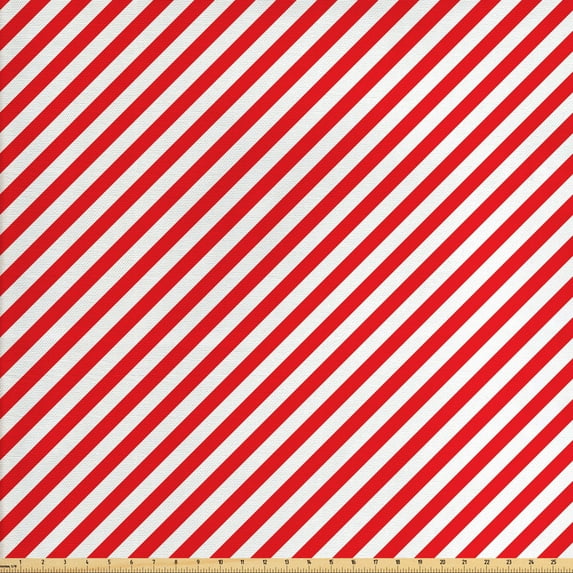 Ambesonne Candy Cane Fabric by the Yard Upholstery, Diagonal Red Lines, 2 Yards, Red White
