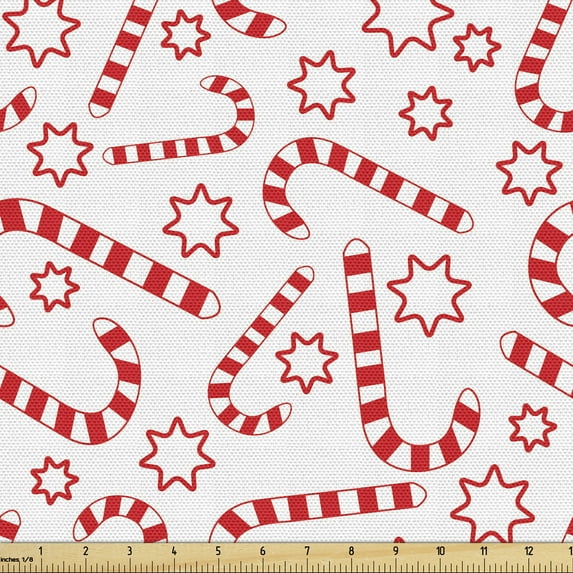 Candy Cane Fabric by the Yard, Illustration of Xmas Themed Traditional Candies and Stars Seasonal, Upholstery Fabric for Dining Chairs Home Decor Accents, 1 Yard, Vermilion White by Ambesonne