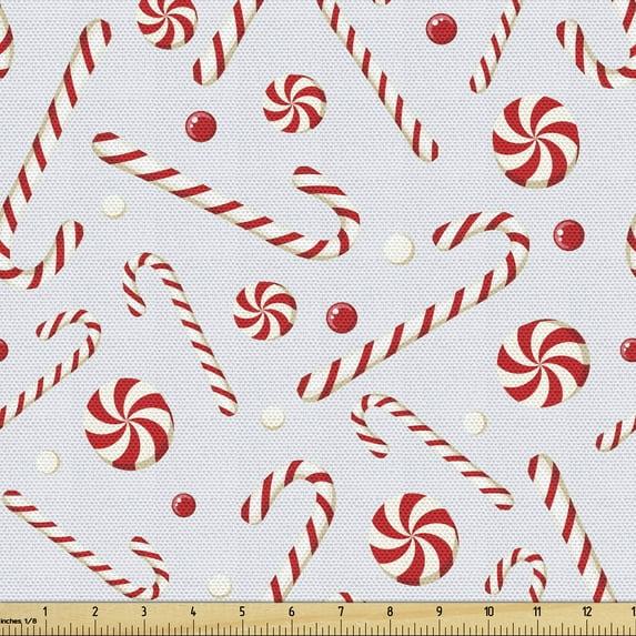 Ambesonne Candy Cane Fabric by the Yard Upholstery, Holiday Food, 1 Yard, Red White Coconut
