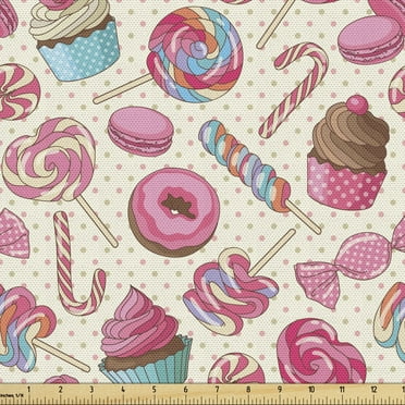 Ambesonne Candy Cane Fabric by the Yard Upholstery, Yummy Food on Dots, 2 Yards, Multicolor