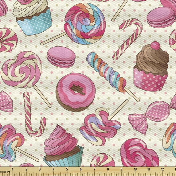 Ambesonne Candy Cane Fabric by the Yard Upholstery, Yummy Food on Dots, 3 Yards, Multicolor