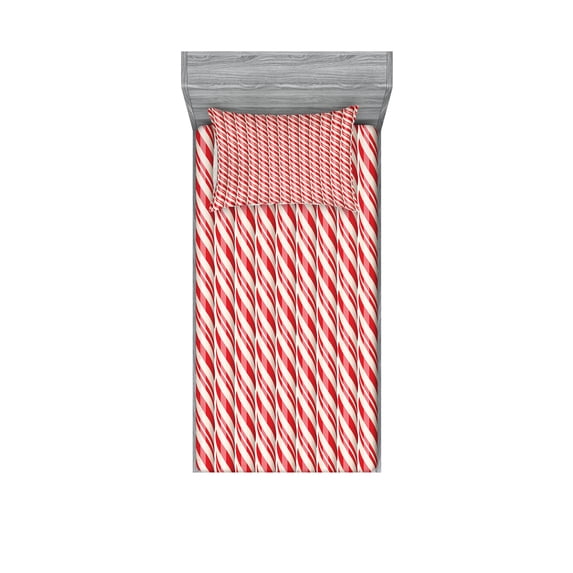 Candy Cane Fitted Sheet & Pillow Sham Set, Christmas Candies Pattern Diagonal Stripes Traditional Winter Sweets, Decorative Printed 4 Piece Bedding Decor Set, Twin, Red Cream, by Ambesonne