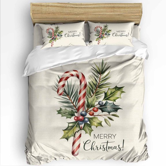 Candy Cane King Size Comforter Set, Merry Christmas Berry Leaf Winter Xmas Soft Bedding for All Seasons, 4 Pcs Bed Set with 1Comforter (90"x106") ,1 Sheet(94"x116"), 2 Pillowcases (19"x35")
