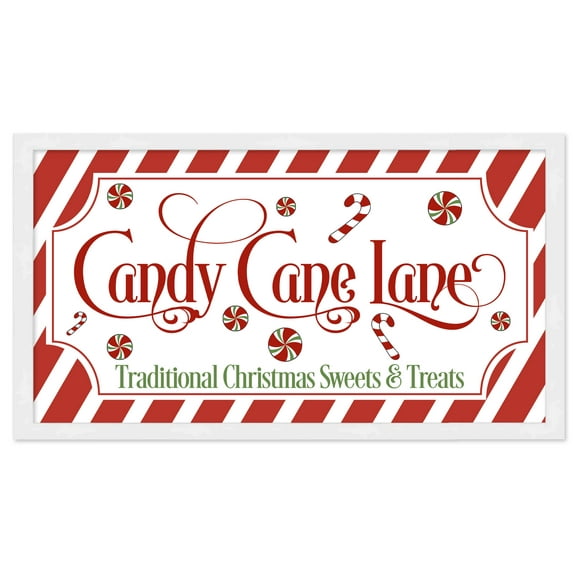 Candy Cane Lane 11.5" x 21.5" Framed Christmas Wall Decor Art Print Sign Poster in a Natural Wooden