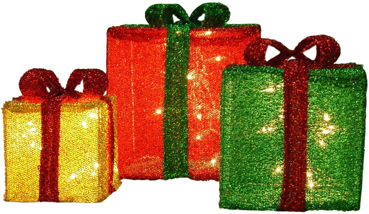 Set of Three Red, Gold, Green LED Tinsel Presents