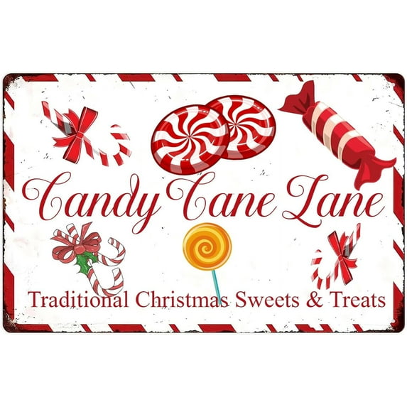 Candy Cane Lane Funny Tin Sign,Candy Canes Vintage Farmhouse Christmas Metal Signs for Home Kitchen Cafe Coffee Store Room Winter Decor Plaque 8x12 Inch 8x12 inch