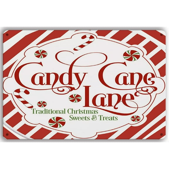 Candy Cane Lane Retro Metal Tin Sign Traditional Christmas Sweets and Treats Sign Print Wall Art for Home Living Room Outdoor or Indoor Wall Decor Gift Christmas Candy Cane Lollipop Poster 8x12 Inch