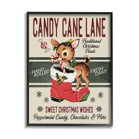 Candy Cane Lane Vintage Reindeer Boot Holiday Graphic Art Black Framed Art Print Wall Art