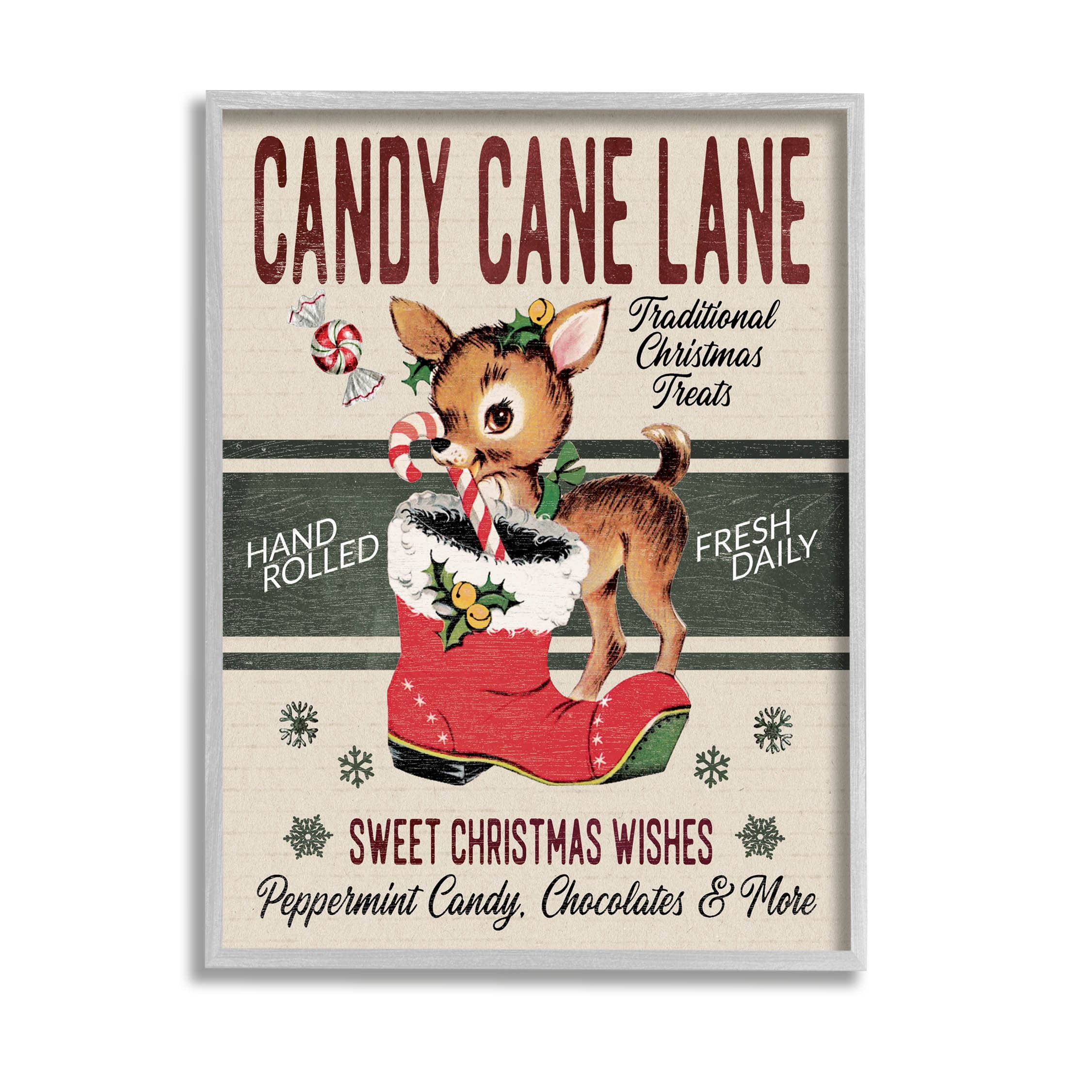 Candy Cane Lane Vintage Reindeer Boot Holiday Graphic Art Gray Framed Art Print Wall Art