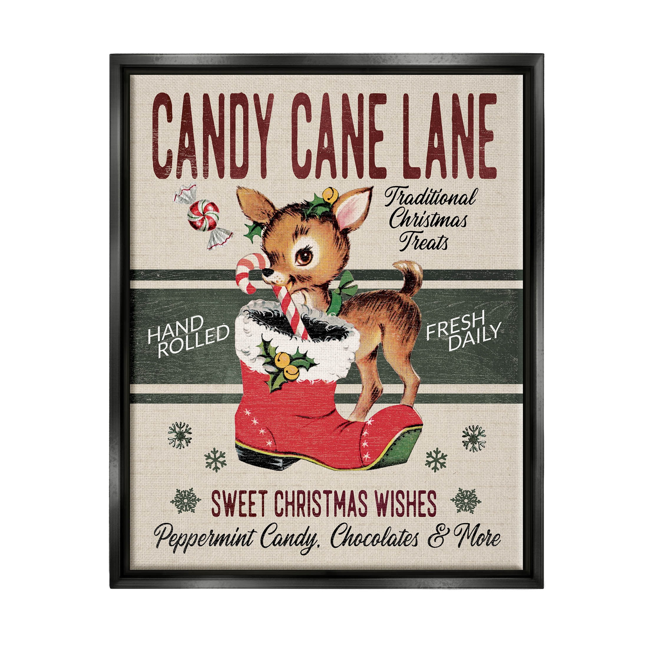 Candy Cane Lane Vintage Reindeer Boot Holiday Graphic Art Jet Black Framed Art Print Wall Art
