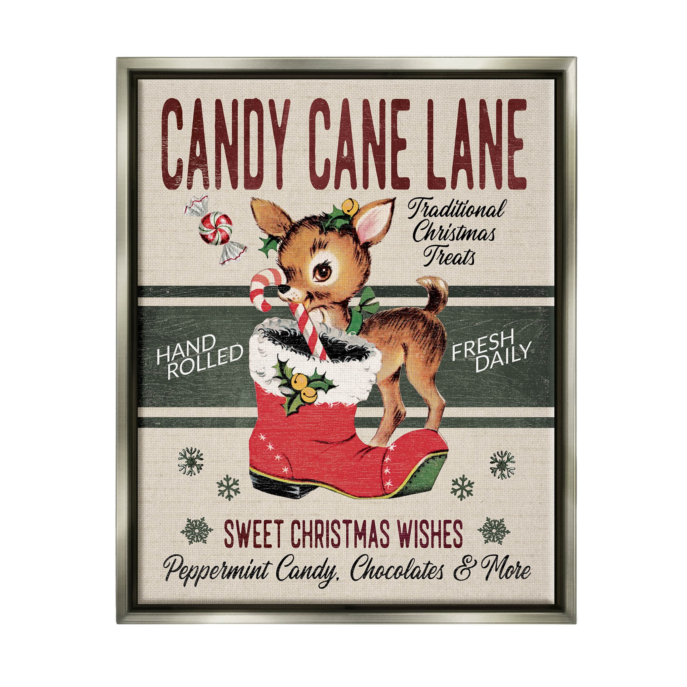 Candy Cane Lane Vintage Reindeer Boot Holiday Graphic Art Luster Gray Framed Art Print Wall Art