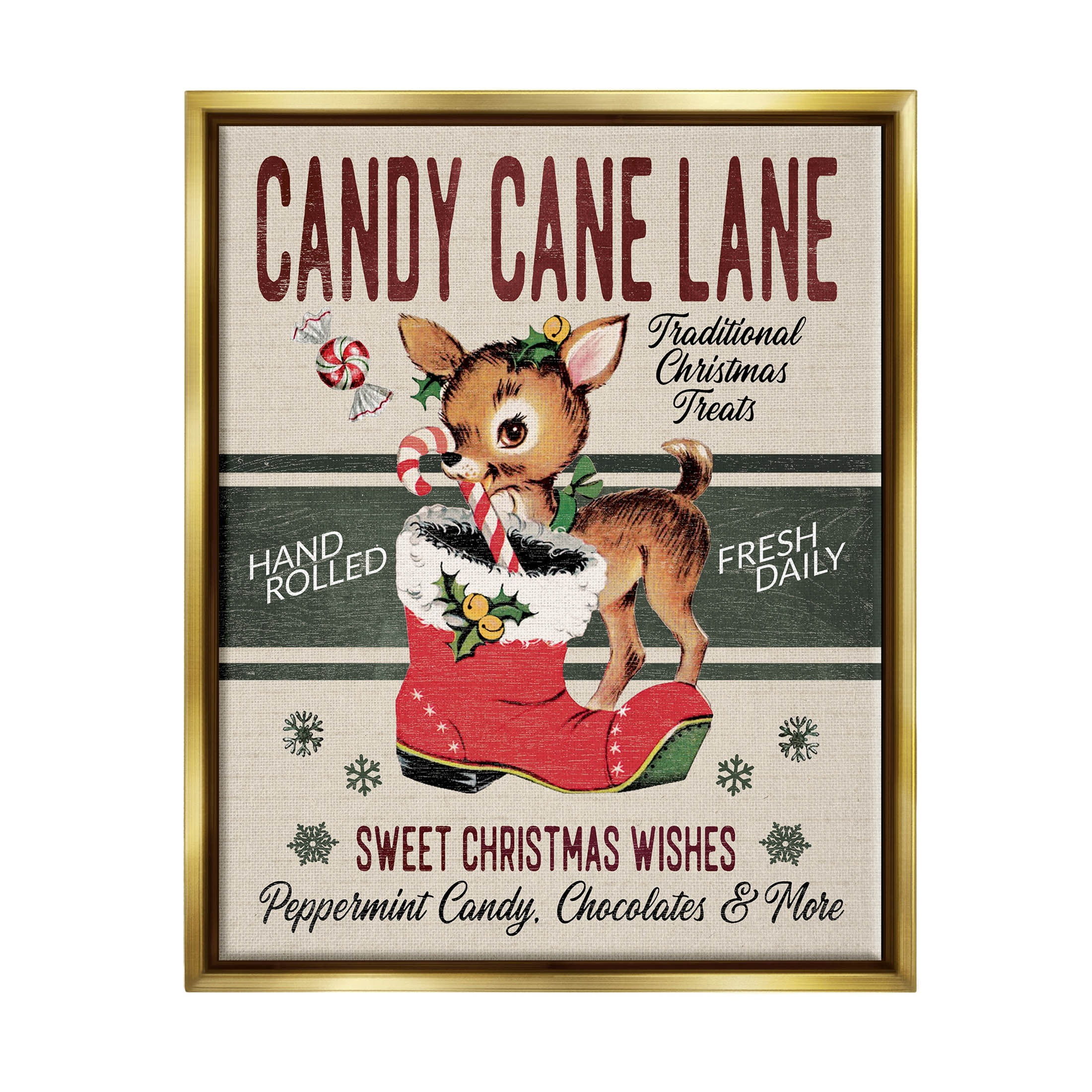 Candy Cane Lane Vintage Reindeer Boot Holiday Graphic Art Metallic Gold Framed Art Print Wall Art
