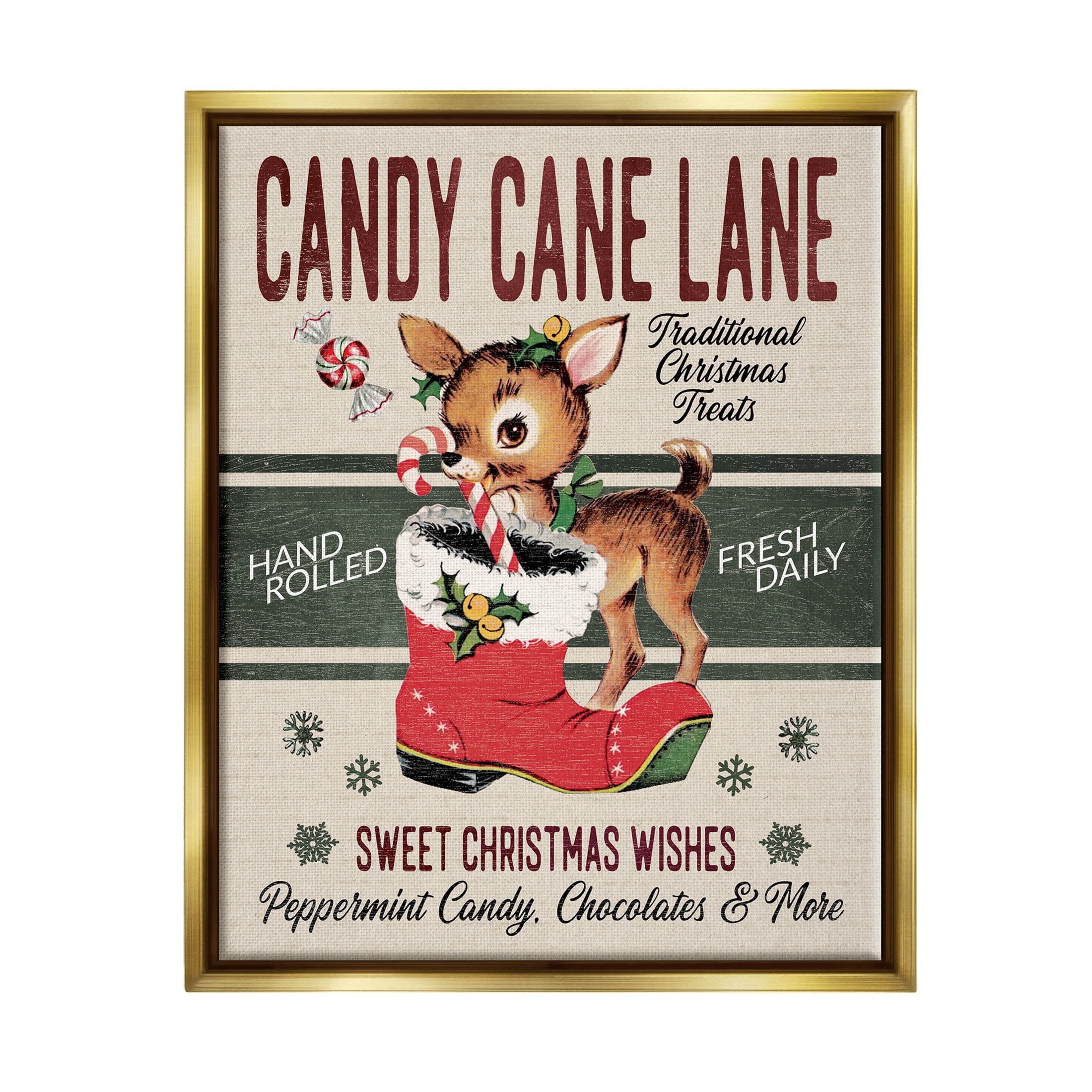 Candy Cane Lane Vintage Reindeer Boot Holiday Graphic Art Metallic Gold Framed Art Print Wall Art