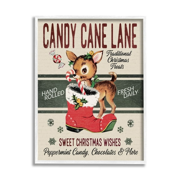 Candy Cane Lane Vintage Reindeer Boot Holiday Graphic Art White Framed Art Print Wall Art