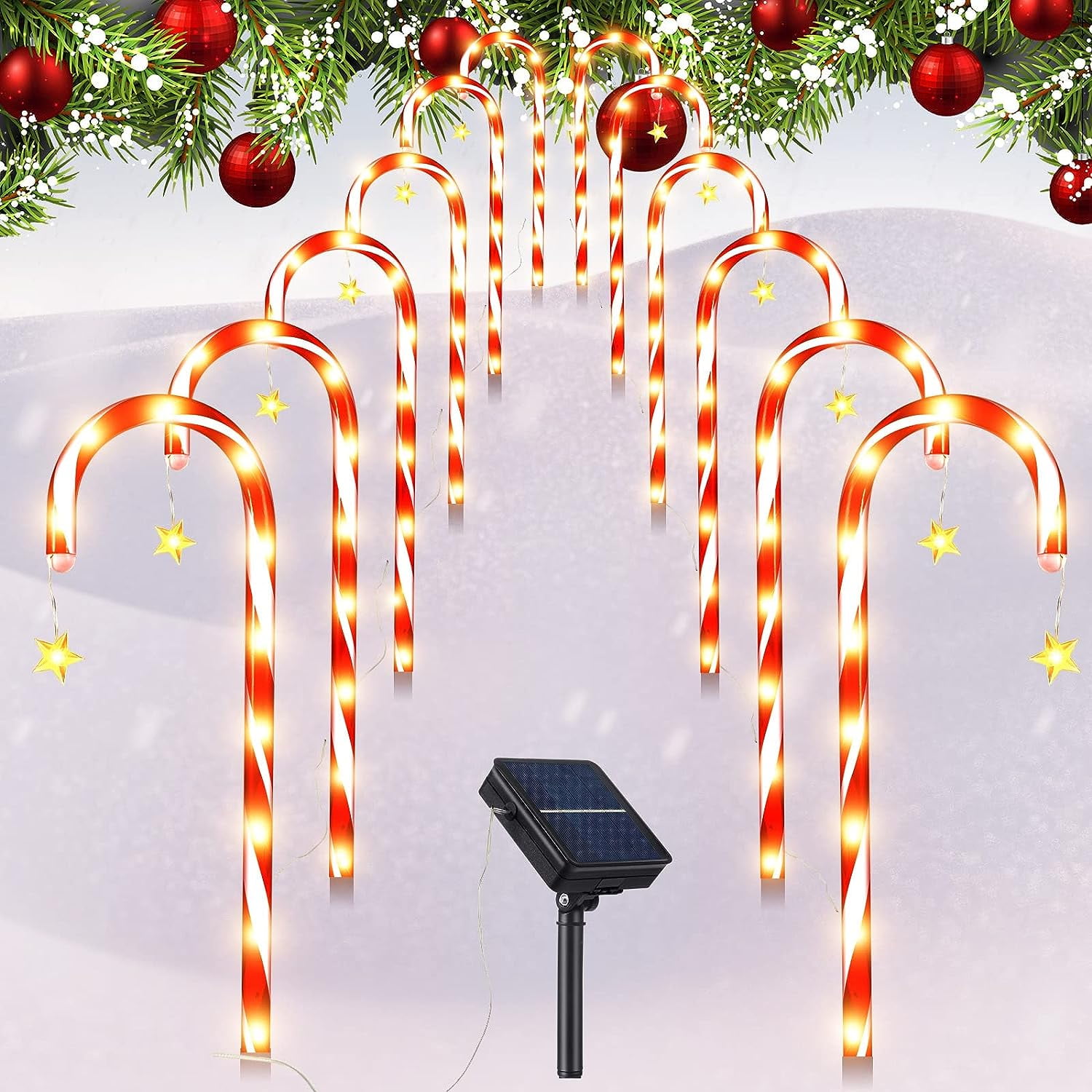 Candy Cane Lights, 12 Pack Solar Candy Cane Christmas Decorations, Waterproof Candy Cane Pathway Markers Light with Star, Outdoor Christmas Decor for Yard Driveway Lawn Garden Xmas Tree Holiday Gift
