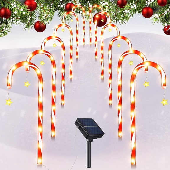 Candy Cane Lights, 12 Pack Solar Candy Cane Christmas Decorations, Waterproof Candy Cane Pathway Markers Light with Star, Outdoor Christmas Decor for Yard Driveway Lawn Garden Xmas Tree Holiday Gift