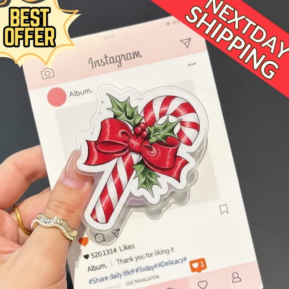 Candy Cane Magnetic Phone Grip Cute Christmas Candy Cane with Bow Design, Kawaii MagSafe Grip, Phone Accessory for Christmas Lovers
