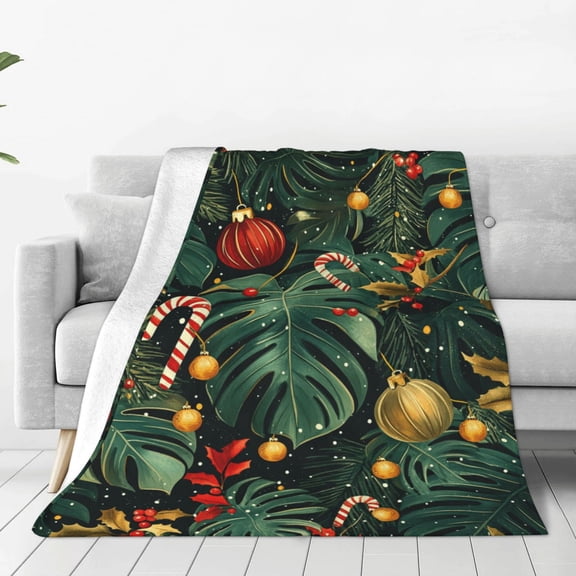 Candy Cane Monstera Flannel Throw Blanket, Soft, Warm, Durable Christmas Blanket, for Bed, Couch & Travel, Machine Washable 50x40in, Snowy Festive Leaves