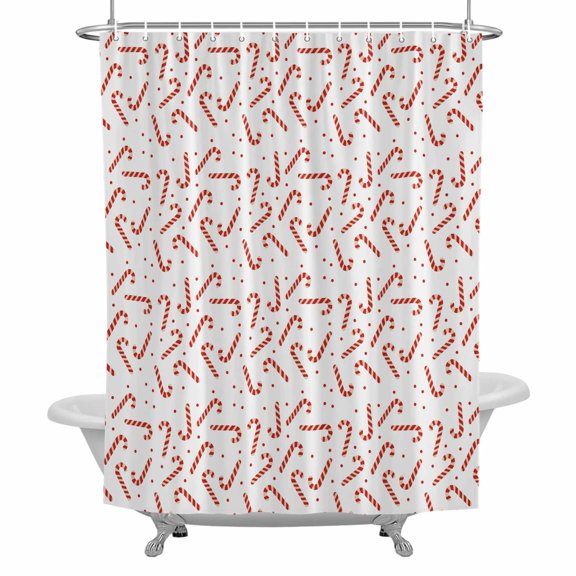 Candy Cane Pattern Christmas Shower Curtain Set with Hooks, Red White Winter Snow Waterproof Fabric Bathroom Curtains Decor Home Accessories,72 X 72 Inch Long