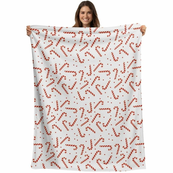 Candy Cane Pattern Christmas Throw Blankets, Red White Winter Snow Soft Fleece Blanket Decorative for Home Sofa Couch Chair Living Bedroom, 30x40 Inches,
