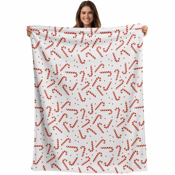 Candy Cane Pattern Christmas Throw Blankets, Red White Winter Snow Soft Fleece Blanket Decorative for Home Sofa Couch Chair Living Bedroom, 50x60 inches,