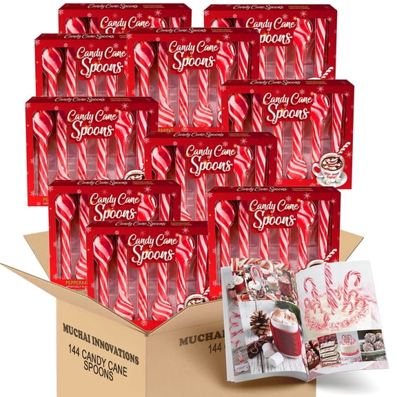Candy Cane Peppermint Spoons  144-Pack Edible Stirring Spoons for Hot Chocolate, Coffee, Tea & Cocktails  Holiday Gift, Stocking Stuffers + Free Idea Booklet