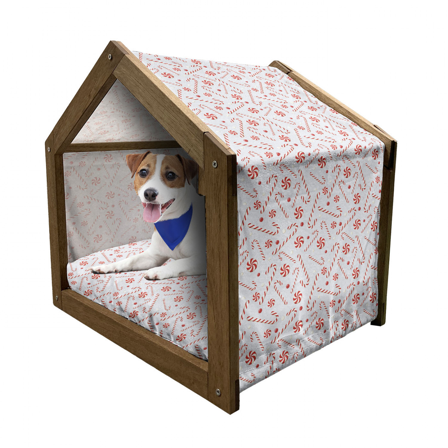 Floral Patterned Wooden Dog House with Canopy and Pillow