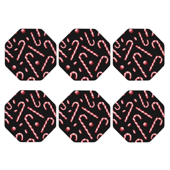 Candy Cane Print Set of 6 Faux Leather 4 Inch Coasters Drinks Tabletop Home Dinning Octagon