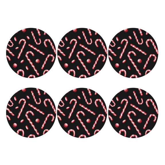 Candy Cane Print Set of 6 Faux Leather 4 Inch Coasters Drinks Tabletop Home Dinning Round Shape