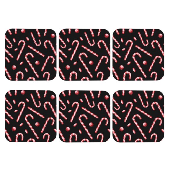Candy Cane Print Set of 6 Faux Leather 4 Inch Coasters Drinks Tabletop Home Dinning Square
