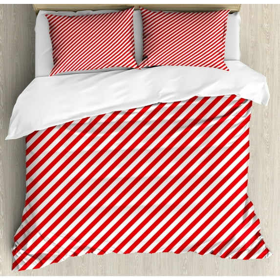 Candy Cane Queen Size Duvet Cover Set, Diagonal Red Lines Festive Christmas Celebration Themed Geometric Arrangement, Decorative 3 Piece Bedding Set with 2 Pillow Shams, Red White, by Ambesonne