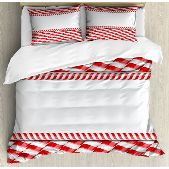 Candy Cane Queen Size Duvet Cover Set, Horizontal Border Design with Abstract Traditional Food Pattern Taste of Xmas, Decorative 3 Piece Bedding Set with 2 Pillow Shams, Red White, by Ambesonne