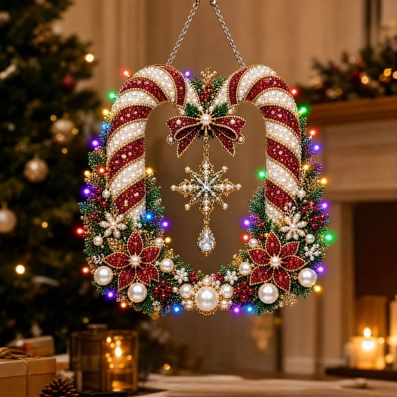 Candy Cane Snowflake Wreath Diamond Art Ornament Kit, 7.87 in Pearl ...