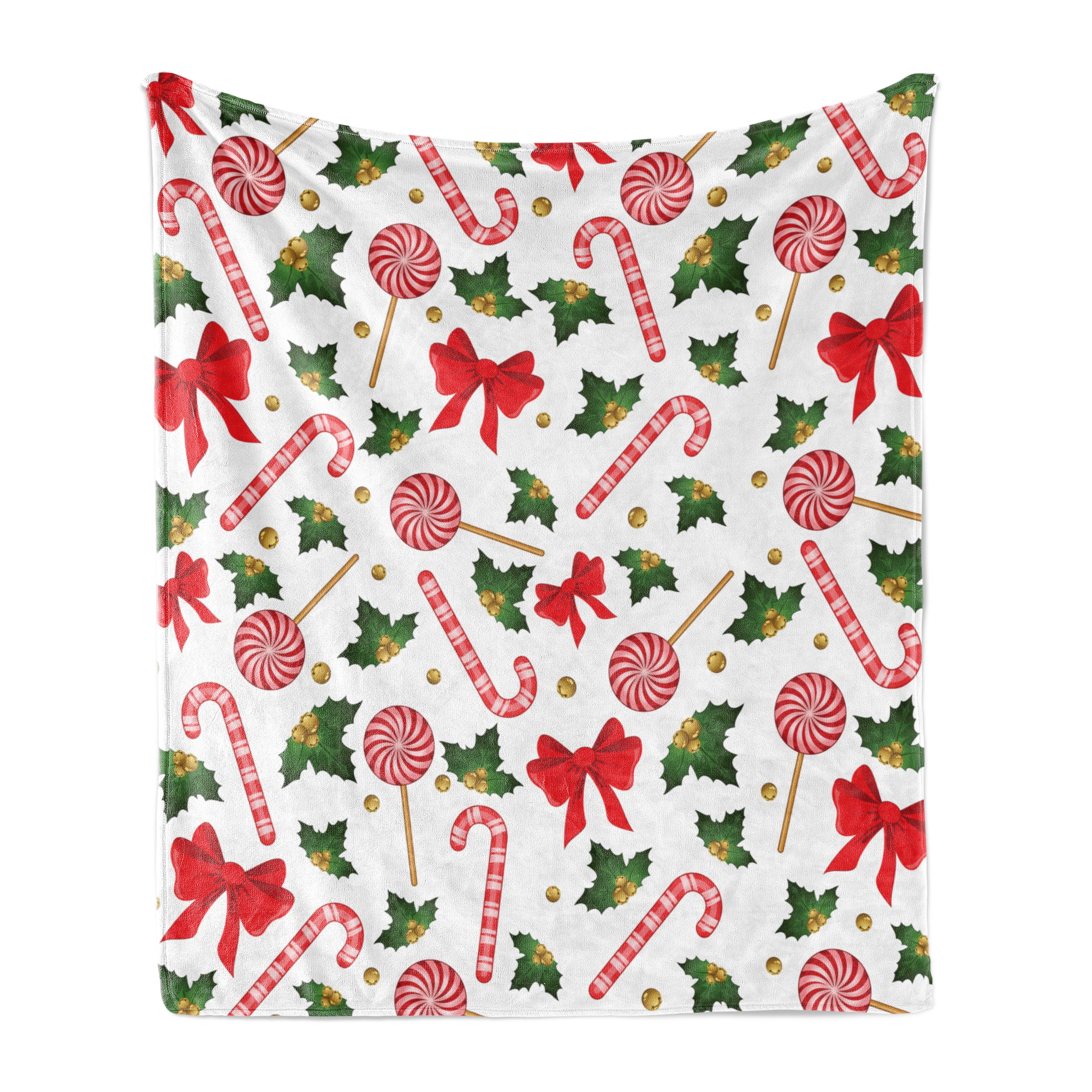 Candy Cane Soft Flannel Fleece Blanket, Holly Berry Mistletoe Traditional Red and White