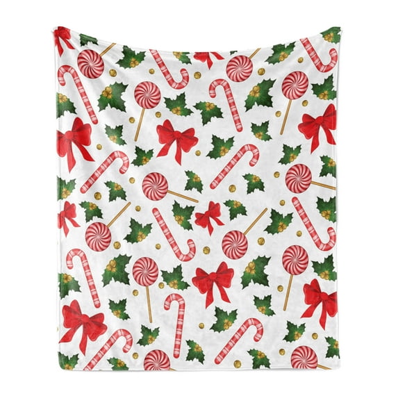 Candy Cane Soft Flannel Fleece Blanket, Holly Berry Mistletoe Traditional Red and White Patterned Sugary Food on Sticks, Cozy Plush for Indoor and Outdoor Use, 50" x 70", Multicolor, by Ambesonne