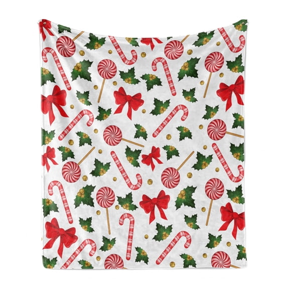 Candy Cane Soft Flannel Fleece Blanket, Holly Berry Mistletoe Traditional Red and White Patterned Sugary Food on Sticks, Cozy Plush for Indoor and Outdoor Use, 70" x 90", Multicolor, by Ambesonne