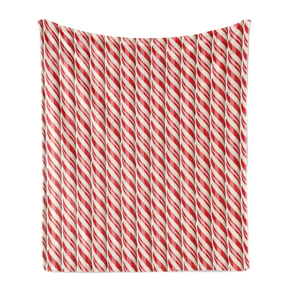 Candy Cane Soft Flannel Fleece Throw Blanket, Christmas Candies Pattern Diagonal Stripes Traditional Winter Sweets, Cozy Plush for Indoor and Outdoor Use, 50" x 70", Red Cream, by Ambesonne