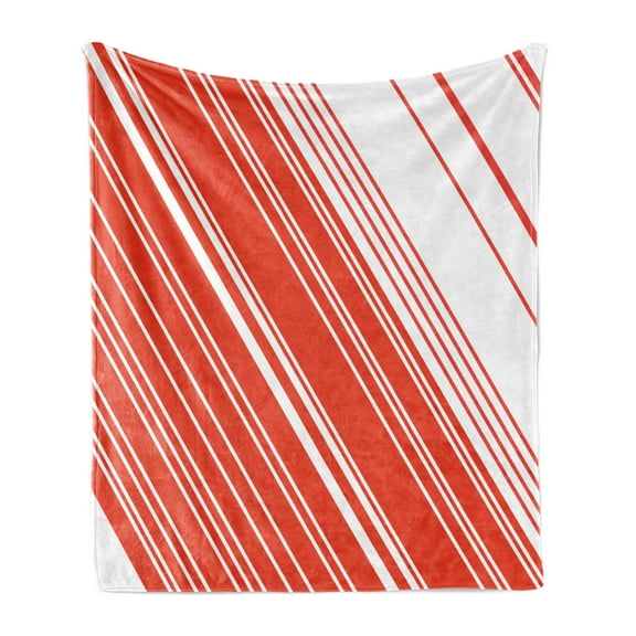 Candy Cane Soft Flannel Fleece Throw Blanket, Diagonal Barcode Patterned Lines on White Background Abstract Geometric Design, Cozy Plush for Indoor and Outdoor Use, 60" x 80", Red White, by Ambesonne