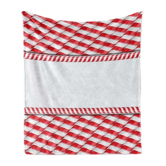 Candy Cane Soft Flannel Fleece Throw Blanket, Horizontal Border Design with Abstract Traditional Food Pattern Taste of Xmas, Cozy Plush for Indoor and Outdoor Use, 50" x 60", Red White, by Ambesonne