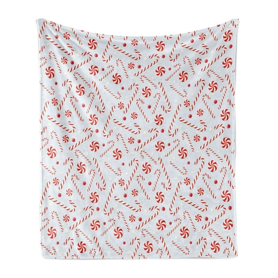 Candy Cane Soft Flannel Fleece Throw Blanket, Sugary Treats of New Year Celebrations Pattern of Holiday Food, Cozy Plush for Indoor and Outdoor Use, 60" x 80", Red White Coconut, by Ambesonne