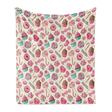 Candy Cane Soft Flannel Fleece Throw Blanket, Yummy Lollipop Candy Macaroon Cupcake and Donut on Polka Dots Pattern, Cozy Plush for Indoor and Outdoor Use, 60" x 80", Multicolor, by Ambesonne