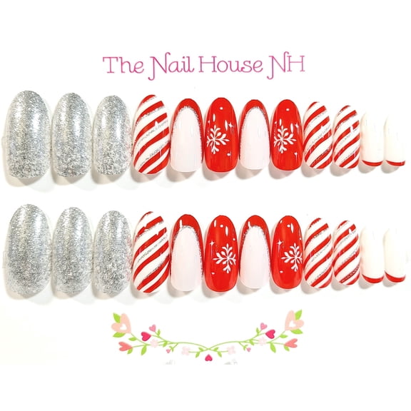 Candy Cane Sparkle Glossy Long Oval Press-On Nails - 24 Pieces - Artificial Nails - Christmas Nails