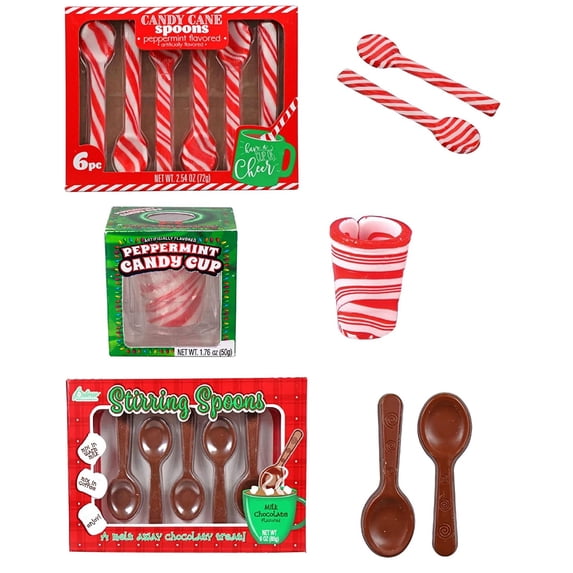 Candy Cane Spoon Bundle - 6 Peppermint Flavored Edible Peppermint Spoons, 5 Milk Chocolate Spoons and Candy Cane Cup - Individually Wrapped