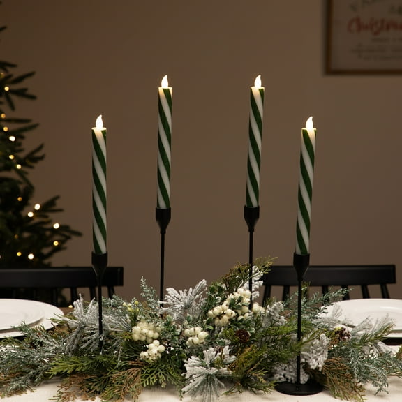 Candy Cane Striped Flickering Tapered Flameless Christmas Candles - 9.5" - Green and White - Set of 4