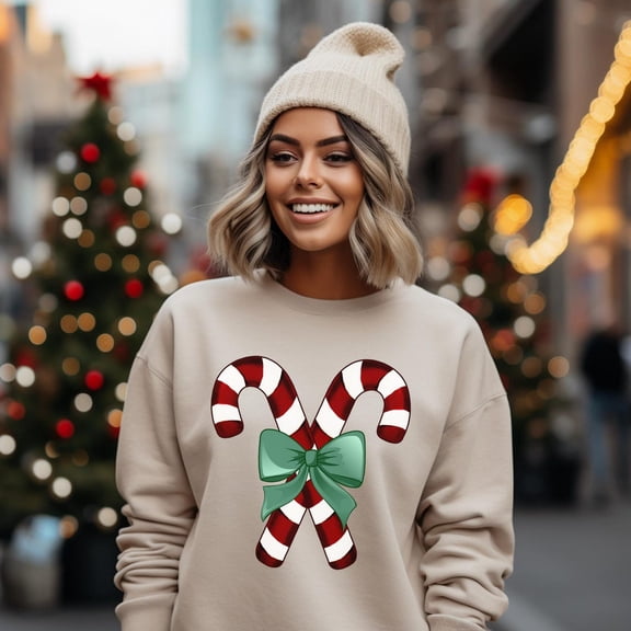 Candy Cane Sweatshirt, Sweatshirt for Women, Coquette Shirt, Bow Shirt, Trendy Shirt, her All Size S-5Xl