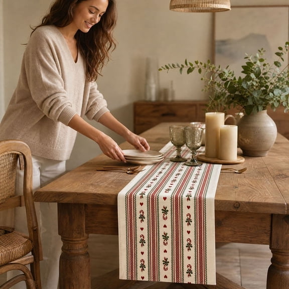 Candy Cane Table Runner, Festive Holiday Table Linen for Dining Room, Kitchen, Buffet, Dessert Table and Holiday Styling