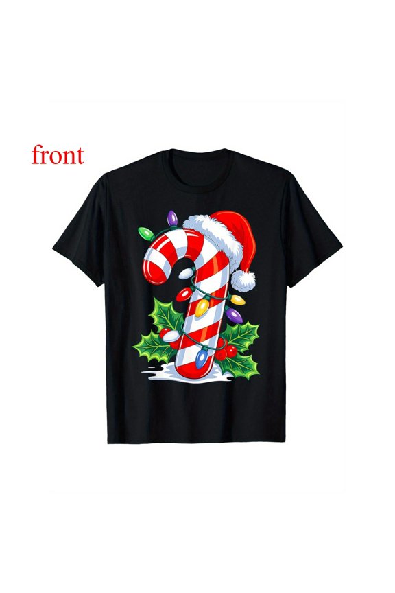 Candy Cane Tee Christmas Lights Gingerbread Graphic Family Matching Top Short Sleeve Round Neck Black S-5XL