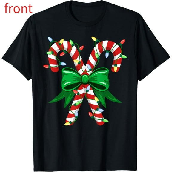 Candy Cane Tee T Shirt Graphic Tops ，Lights Holiday Design Soft Comfort Short Sleeve Round Neck Black S-5XL