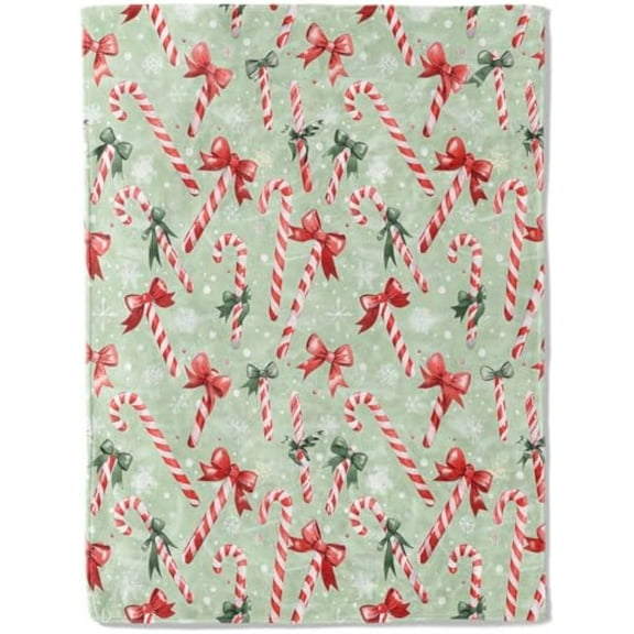 Candy Cane Throw Blanket- Ultra Soft,Fleece,Lightweight,Tocking,Holly Leaf with Red Bows Snowy Green Blankets,for Couch Room Bedroom,Christmas Holiday Festive Decor,Gifts for Kids
