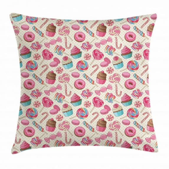 Candy Cane Throw Pillow Cushion Cover, Yummy Sweet Lollipop Candy Macaroon Cupcake and Donut on Polka Dots Pattern, Decorative Square Accent Pillow Case, 18 X 18 Inches, Multicolor, by Ambesonne